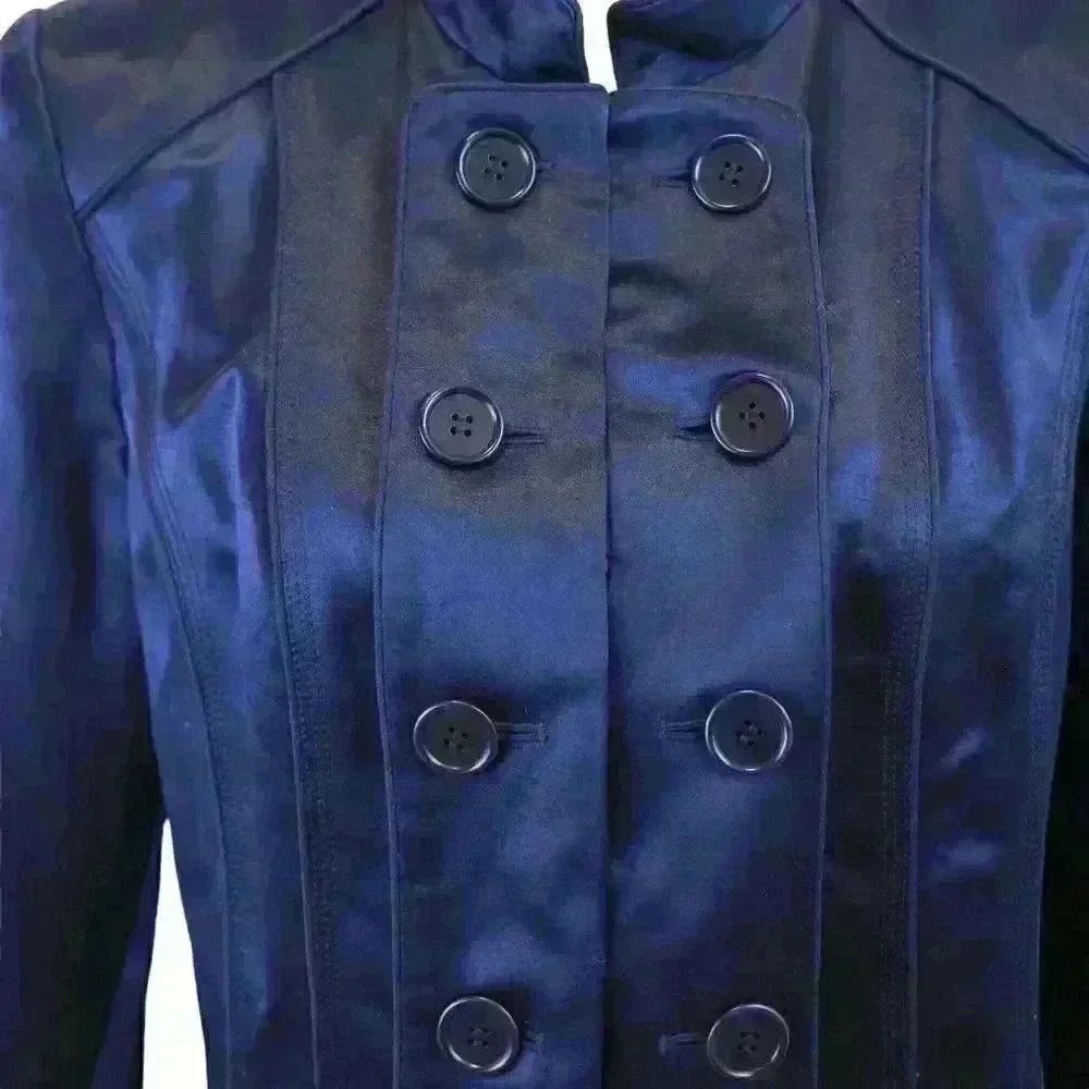 VINTAGE Calvin Klein Linen & Silk Midnight Blue Military Style Coat Size‎ 12 - Picture 2 of 7